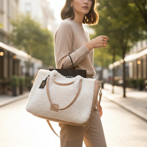 House Of Harlow 1960 Tan Cream Sherpa Shearling Detachable Wristlet Jumbo Tote - Picture 1 of 13